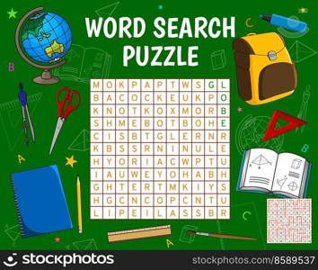 School items and stationery word search puzzle game vector worksheet. Kids quiz grid with find hidden words task, blackboard with cartoon pencil, book and globe, scissors, paintbrush and rulers. School items or stationery word search puzzle game