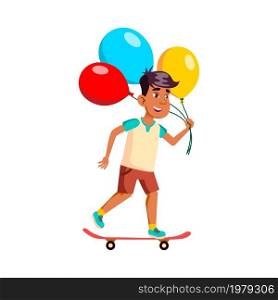 school kid boy with air balloon. holiday decoration. childhood anniversary. vector character flat cartoon Illustration. school kid boy with air balloon vector