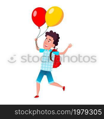 school kid boy with air balloon. party celebration. cute child. summer holiday. vector character flat cartoon Illustration. school kid boy with air balloon vector