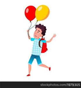 school kid boy with air balloon. party celebration. cute child. summer holiday. vector character flat cartoon Illustration. school kid boy with air balloon vector