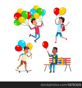 school kid boy with air balloon set. kid birthday party. happy little boy. childre play with balloon. summer holiday. vector character flat cartoon Illustration. school kid boy with air balloon set vector