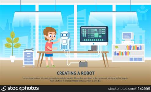 School Kid Creating a Robot at Classroom. Education Engineering Laboratory with Innovation Equipment for Computer Coding Robotic Artificial Intelligent. Cartoon Child Boy in Early Scientific Play.. School Kid Character Creating a Robot at Classroom