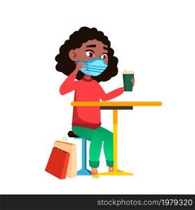 School Kid Girl Wearing Facial Mask In Cafe Vector. Schoolgirl Wear Protective Face Mask And Drinking Delicious Drink In Shopping Center Cafeteria. Character Virus Prevention Flat Cartoon Illustration. School Kid Girl Wearing Facial Mask In Cafe Vector