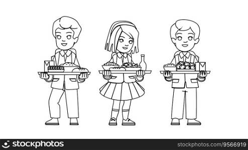 school kid healthy lunch vector. meal box, apple food, breakfast sandwich school kid healthy lunch character. people black line illustration. school kid healthy lunch vector
