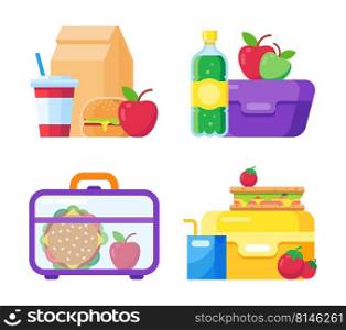 School kid lunch box. Healthy and nutritional food, bottle or cup of drink. Sandwich and snacks packed in plastic containers and paper bags. Hamburger, fruit and vegetables for pupils vector set. School kid lunch box. Healthy and nutritional food, bottle or cup of drink. Sandwich and snacks packed in plastic containers