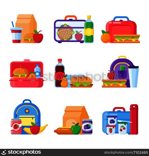 School kid lunch box. Healthy and nutritional food meals for kids breakfast in lunchbox plastic fruit bags of apples. Sandwich and snacks packed in schoolkid meal break bag vector isolated icons set. School kid lunch box. Healthy and nutritional food for kids in lunchbox. Sandwich and snacks packed in schoolkid meal bag vector icons
