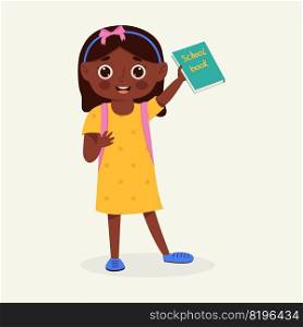 School kid with school supplies. Kid with backpack and book. Colorful cartoon character. Flat vector illustration. School kid with school supplies. Kid with backpack and book. Colorful cartoon character. Flat vector illustration.