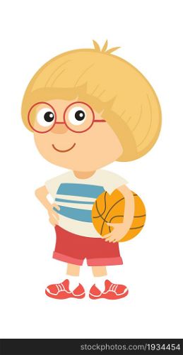 School kids. Back to school, happy boy in glasses hold basketball ball, sports lesson, play sport games, healthy lifestyle for children, little athlete. Vector cartoon flat style isolated illustration. School kids. Back to school, happy boy in glasses hold basketball ball, sports lesson, play sport games, healthy lifestyle for children. Vector cartoon flat style isolated illustration