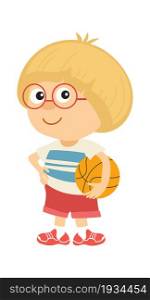 School kids. Back to school, happy boy in glasses hold basketball ball, sports lesson, play sport games, healthy lifestyle for children, little athlete. Vector cartoon flat style isolated illustration. School kids. Back to school, happy boy in glasses hold basketball ball, sports lesson, play sport games, healthy lifestyle for children. Vector cartoon flat style isolated illustration