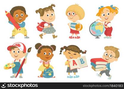 School kids. Back to school, happy children hold different student supplies, little boys and girls with backpacks, books, globe and pencil cartoon vector set. School kids. Back to school, happy children hold different student supplies, boys and girls with backpacks, books, globe, pencil, vector set