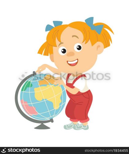 School kids. Back to school, happy girl hold globe, geography lesson, little pupil with student educational supplies, little funny character, travel concept, vector cartoon flat isolated illustration. School kids. Back to school, happy girl hold globe, geography lesson, little pupil with student educational supplies, little funny character, travel concept, vector cartoon illustration