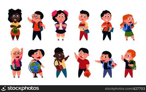 School kids. Cartoon children with books and school supplies, happy cute boys and girls pupils characters. Vector school study education set. School kids. Cartoon children with books and school supplies, happy cute boys and girls pupils characters. Vector study education set