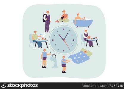 School kids daily schedule according to clock. Boy sleeping, taking bath, having breakfast or dinner, walking to school. Vector illustration for daily routine, everyday life concept
