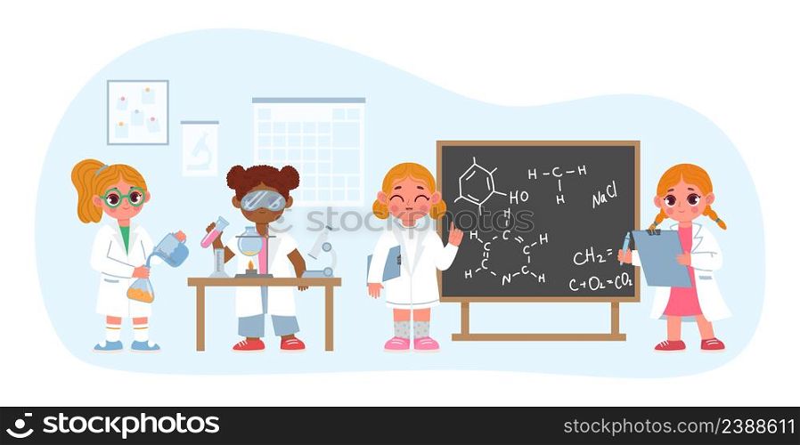 School kids in science laboratory, lesson for preschool. Vector lesson education for preschool, school science laboratory illustration. School kids in science laboratory, lesson for preschool
