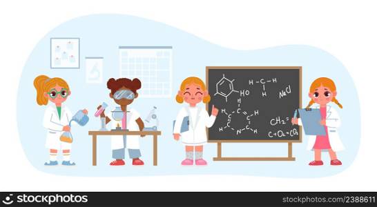 School kids in science laboratory, lesson for preschool. Vector lesson education for preschool, school science laboratory illustration. School kids in science laboratory, lesson for preschool