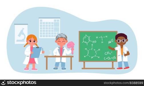 School kids learning class in science laboratory. Vector school science class education, laboratory chemistry illustration. School kids learning class in science laboratory