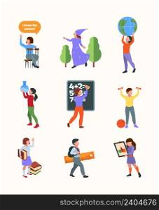 School kids. Lesson students people education learning persons with accessories notebook paper pencils vector school in flat style. Illustration of education people at lesson, student at school study. School kids. Lesson students people education learning persons with accessories notebook paper pencils garish vector school in flat style