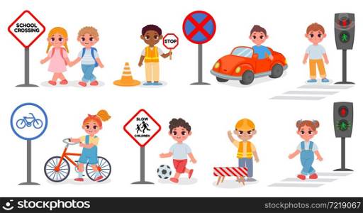 School kids street safety, signs and crosswalk rules. Traffic light go and stop signal. Kid bike and car. Cartoon road education vector set. Renovation works, children playing with ball. School kids street safety, signs and crosswalk rules. Traffic light go and stop signal. Kid bike and car. Cartoon road education vector set