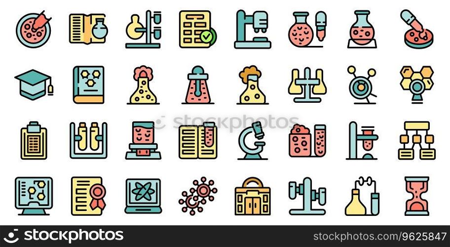 School laboratory icons set outline vector. Science study. Chemical lab thin line color flat on white. School laboratory icons set vector flat