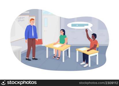 School lesson 2D vector isolated illustration. Teacher and students flat characters on cartoon background. Acquiring knowledge. Classroom discussion colourful scene for mobile, website, presentation. School lesson 2D vector isolated illustration
