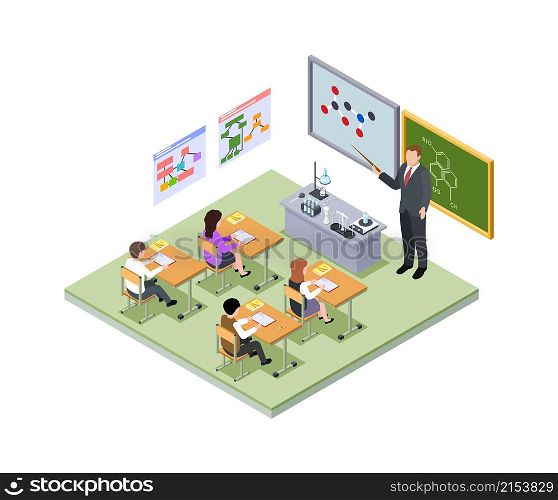 School lesson isometric. Teacher, children at desks at classroom. Chemistry equipment and molecular, young medical students vector illustration. School isometric education, students in class study. School lesson isometric concept. Teacher, children at desks at classroom. Chemistry equipment and molecular formulas, young medical students vector illustration