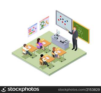 School lesson isometric. Teacher, children at desks at classroom. Chemistry equipment and molecular, young medical students vector illustration. School isometric education, students in class study. School lesson isometric concept. Teacher, children at desks at classroom. Chemistry equipment and molecular formulas, young medical students vector illustration