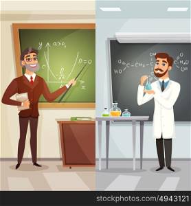School Lessons Cartoon Vertical Banners. School lessons cartoon vertical banners with teachers of mathematics and chemistry in flat style vector illustration