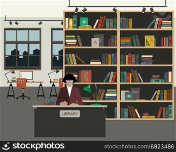 School library flat illustration.. School library with books in flat style. Reading room interior.