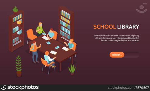 School library with bookshelves horizontal banner with pupils studying and discussing isometric vector illustration