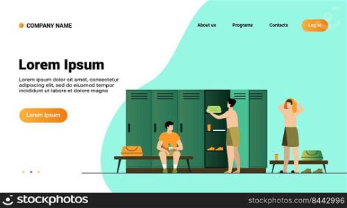 School locker room isolated flat vector illustration. Cartoon football or soccer team changing clothes after training. Sport, lifestyle and fitness concept