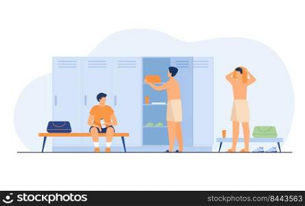 School locker room isolated flat vector illustration. Cartoon football or soccer team changing clothes after training. Sport, lifestyle and fitness concept