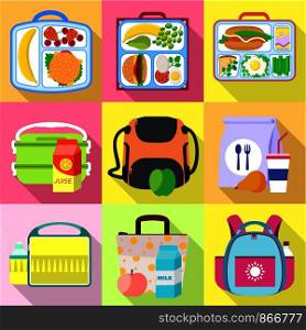 School lunch bag icon set. Flat set of 9 school lunch bag vector icons for web design isolated on white background. School lunch bag icon set, flat style
