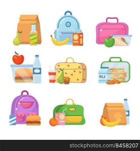 School lunch boxes for children vector illustrations set. Collection of lunchboxes with healthy food in backpacks for kids on white background. Lunch time in school, food boxes, picnic concept