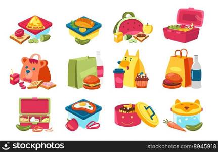 School lunchboxes. Cute plastic kid lunch box with homemade food, containers with snacks healthy children nutrition. Vector cartoon set of lunch school box illustration with snack and sandwich. School lunchboxes. Cute plastic kid lunch box with homemade food, childish containers with snacks healthy children nutrition concept. Vector cartoon set