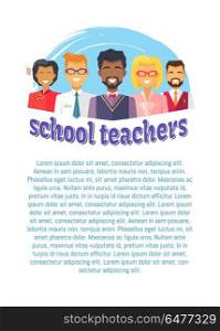 School Male Female Teachers Vector Illustration. School male and female teachers vector illustration poster with place for text, teacher and literacy day conceptual banner in flat style