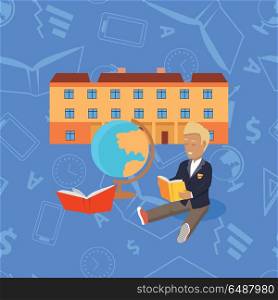 School Modern Building for Pupils with a Boy. School modern building for pupils isolated on abstract background. Young boy sits in front of school and reads book. High secondary elementary level. Part of series of lifelong learning. Vector