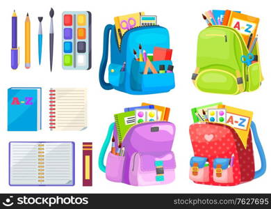 School objects, paints with tassel, colorful pencils, notebook and pen in backpack. Educational equipment, textbook and writing accessory, education. Back to school concept. Flat cartoon isometric 3d. Backpack with Notebook and Pen, School Vector