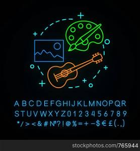 School of arts neon light concept icon. Music, photography, painting idea. Guitar, photo, palette with brush. Glowing sign with alphabet, numbers and symbols. Vector isolated illustration. School of arts neon light concept icon