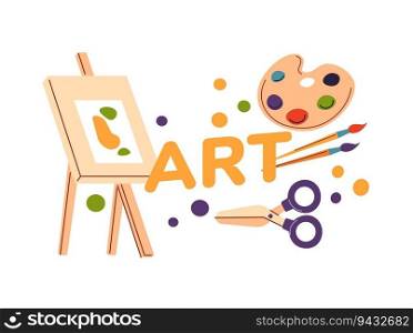 School or col≤≥discipli≠, isolated art≤ssons or classes equipments and tools. Easel with canvas or paper, pa∫s and brushes, scissors for craft and creative handmade. Vector in flat sty≤. Art≤ssons, easel with canvas and pa∫s vector