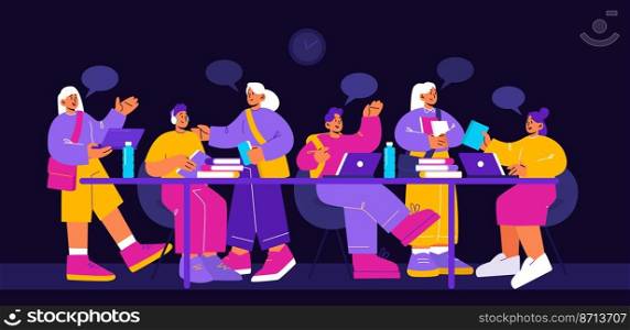 School or college students, young people study together. Vector flat illustration of happy teenagers sitting at table with books and laptop on black background. School or college students, people study together