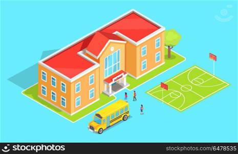 School Orange Two-Storey School and Yellow Bus. School two-storey educational institution with green tree and public bus nearby, playground sport field vector illustration isolated on blue background