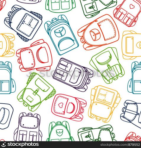 School pattern with colorful outline backpacks on white background. Vector illustration. School pattern with colorful outline backpacks