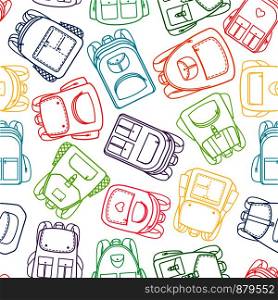 School pattern with colorful outline backpacks on white background. Vector illustration. School pattern with colorful outline backpacks