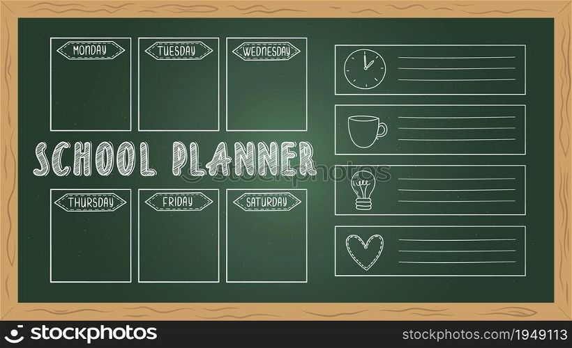 School planner on board. Doodle to do list, chalk drawing student week diary vector template. Page blank calendar, student blackboard weekly organizer illustration. School planner on board. Doodle to do list, chalk drawing student week diary vector template