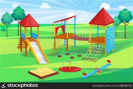 School playground, sandbox and slide, climbing wall and rope with stairs, carousel sign. Children active place, green trees, wooden equipment vector. Children Active Place, School Playground Vector