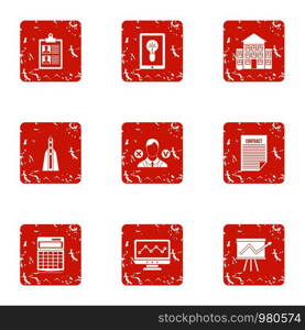 School progress icons set. Grunge set of 9 school progress vector icons for web isolated on white background. School progress icons set, grunge style