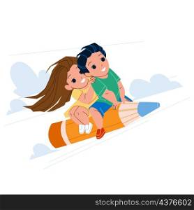 School Project Making Boy And Girl Pupils Vector. Schoolboy And Schoolgirl Make Educational School Project. Characters Fly On Pencil Stationery And Prepare Education Exercise Flat Cartoon Illustration. School Project Making Boy And Girl Pupils Vector