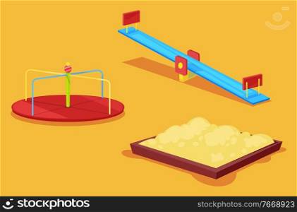 School recreation equipment on orange, carousel and sandbox, libra swing. Playground object, entertainment place, wooden box with sand, yard vector. Entertainment Place, School Yard, Carousel Vector