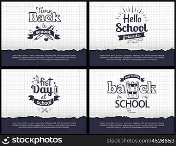 School-Related Set of Black-and-White Stickers. Hello first day back to school related set of black-and-white stickers with inscriptions. Vector illustration of stationery items on checkered background