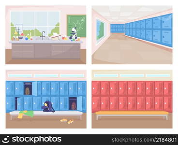 School rooms flat color vector illustration set. Chemistry laboratory with equipment for experiments. Rows of lockers. Empty 2D cartoon interior with furniture on background collection. School rooms flat color vector illustration set